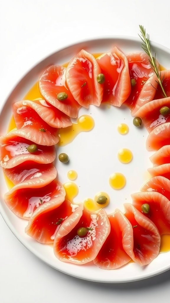 Refreshing Tuna Carpaccio with Lemon and Capers Thinly sliced tuna carpaccio garnished with capers and herbs on a white plate, served with lemon wedges.